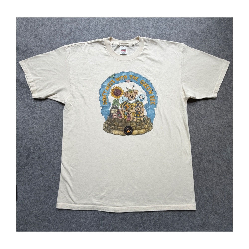 Vintage Anvil Queen Bee Teddy Bear Graphic T-Shirt Cream 2XL Cotton Short Sleeve